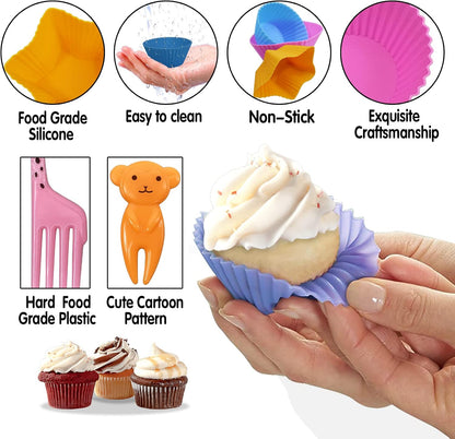 Silicone Lunch Box Dividers,24 pcs Bento Box Dividers with 20 Animal Picks,Silicone Bento Box Inserts,Cupcake Baking Cups,Muffin Pan Liners,Reusable and BPA Free