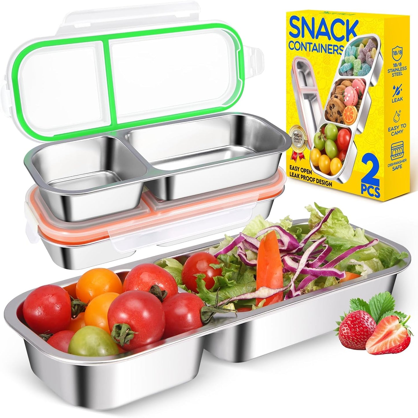 2Pack Stainless Steel Snack Containers for Kids Adults, Reusable 3 Compartment Snackle Box Container with Leakproof Lids Metal Bento Lunch Boxs Food Storage Containers for Travel Picnics Office School