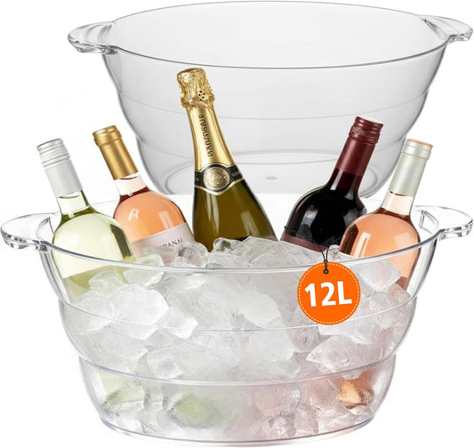 12L Ice Buckets for Parties 2 Pack, Clear Beverage Tub with Handles, Ideal for Champagne Beer Wine Chiller 18.5"×11.2"×9.1"