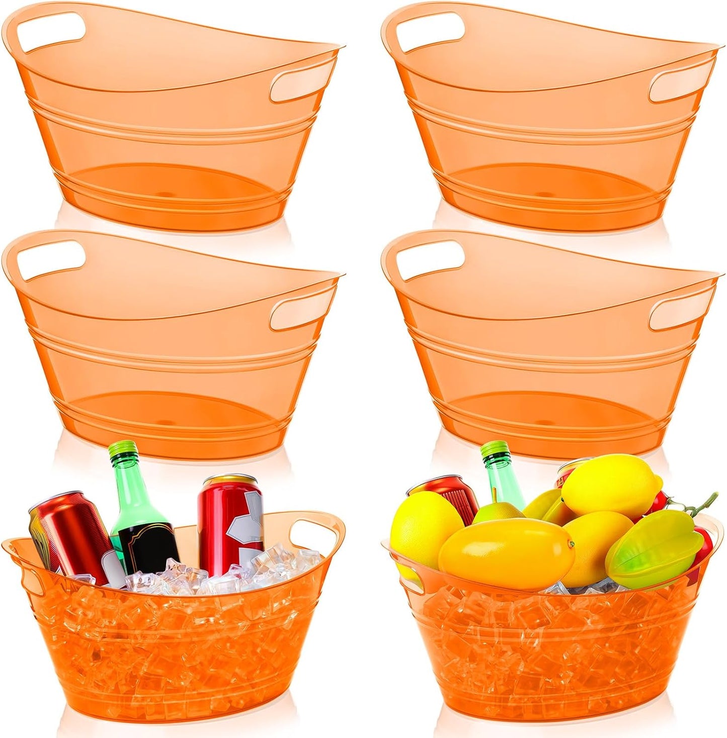 meekoo 6 Pcs Plastic Ice Buckets Bulk with Handles 4.5L Oval Storage Tub Large Capacity Ice Drink Bucket for Party Bar Wine Beer Champagne Beverage Bottle Cooler (4.5 L,Orange)