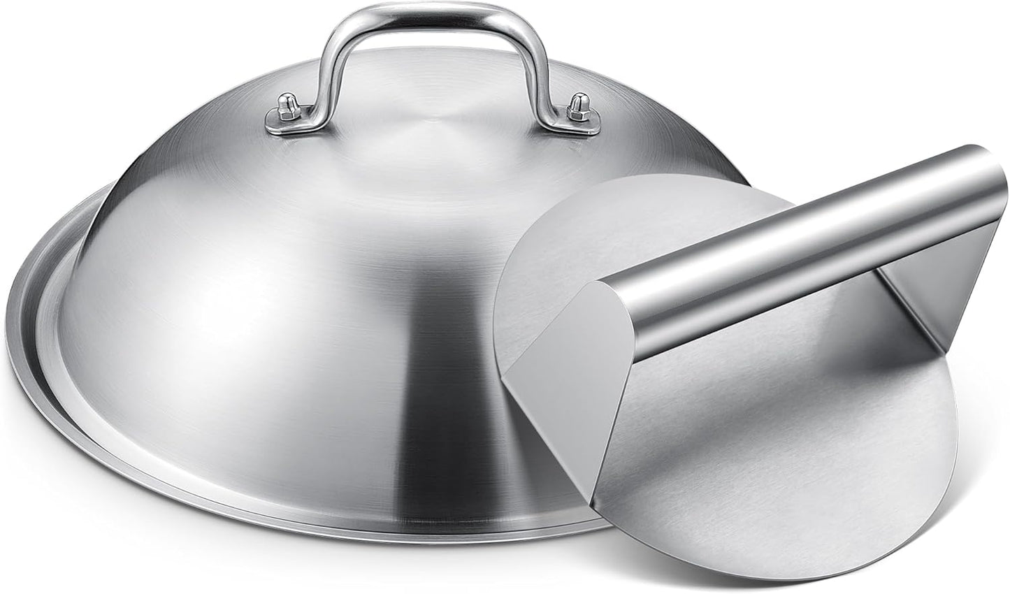 HOMENOTE Griddle Accessories for Blackstone, Commercial Grade 12 Inch Heavy Duty Melting Dome with Round Cast Iron Smash Burger Press Perfect for Flat Top Hibachi Grill Outdoor Indoor