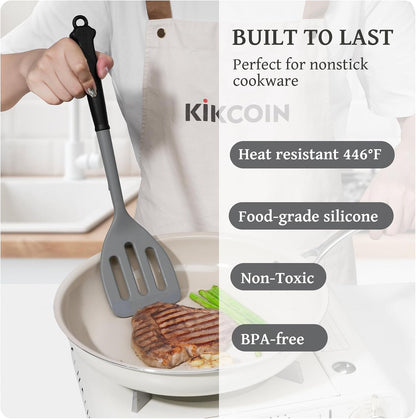 Kikcoin 43Pcs Large Kitchen Utensils Set - Silicone Cooking Utensils Set, Dishwasher Safe Spatula Set for Non-stick Cookware, 446°F Heat Resistant Kitchen Utensils Set with Holder BPA Free, Grey