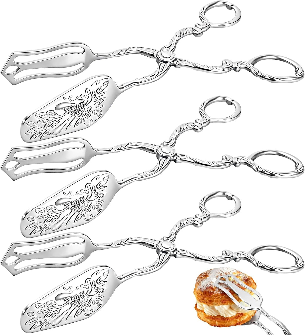 Jucoan 3 Pack Vintage Silver Serving Tongs, 8.5 Inch Zinc Alloy Metal Food Buffet Bread Salad Tongs for Birthday Wedding Tea Party, Dishwasher Safe