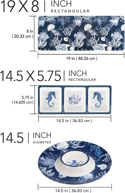 Sea Life Melamine 3-Piece Hostess Serving Set – Coastal Ocean-Themed Chip & Dip Bowl, 3-Section Relish Tray, and Rectangular Platter, Break-Resistant Nautical Tableware, Dishwasher Safe