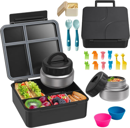 Bento Lunch Box with 9.5 oz Soup Thermo, Kids Leakproof 4 Compartments Bento Box with Silicone Cupcake,Fruit Fork,Spoon and Sauce Cup,Insulated Food Jar for School Travel-Black