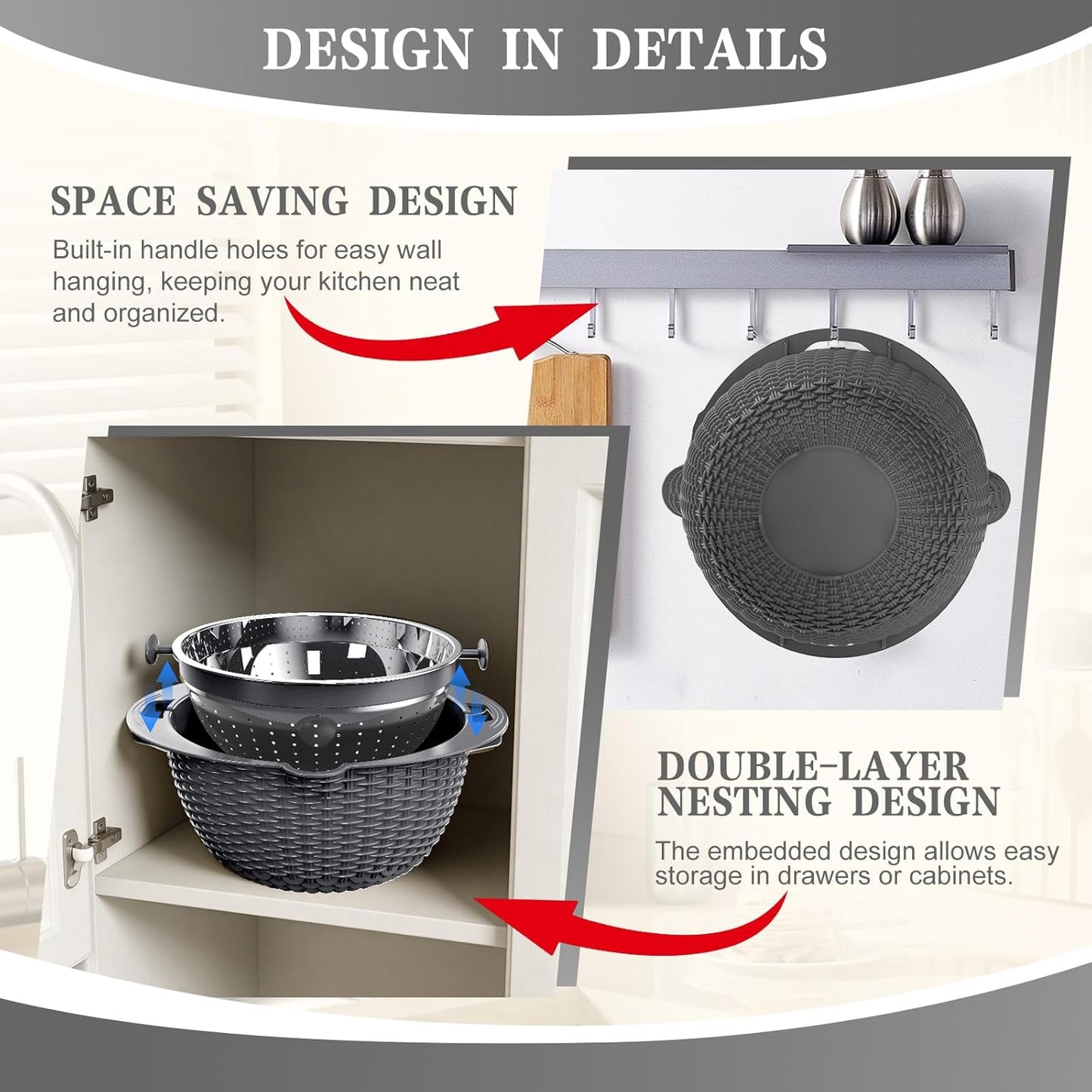 4-in-1 Colander with Bowl Set — Patented 360° Rotatable Strainer Bowl with 3 Graters, Snap-On Lid & Non-Slip Base, Funny Kitchen Present for Women, Aesthetic Pasta Fruit Vegetable Strainer (Beige)