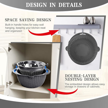 4-in-1 Colander with Bowl Set — Patented 360° Rotatable Strainer Bowl with 3 Graters, Snap-On Lid & Non-Slip Base, Funny Kitchen Present for Women, Aesthetic Pasta Fruit Vegetable Strainer (Beige)