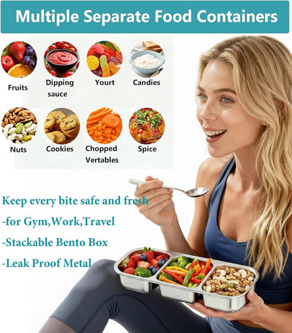 Snack Containers with Airtight Lids Reusable Stainless Steel 3-Compartment Metal Bento Lunch Box for Adults, Divided Food Storage Lunchable Meal Prep Containers, Snack Box with Spoon Sauce Jar