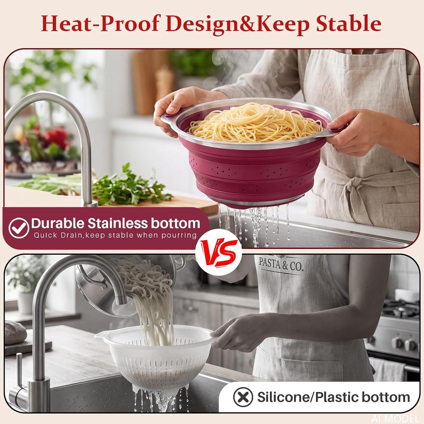 Collapsible Colander Set with Silicone Mat,2-in-1 Stainless Steel Colander for Kitchen, Foldable Metal Colander, Space-Saving for Pasta Veggies Fruit(NAVY BLUE)