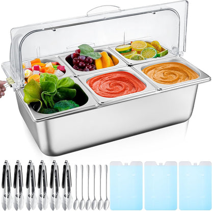 Condiment Tray Stainless Steel Serving Display Set with Lid for Buffet Restaurant Kitchen, Food Chilled Container for Salad Fruit Condiments, Keeps Food Fresh with Ice Box(6 Compartments)