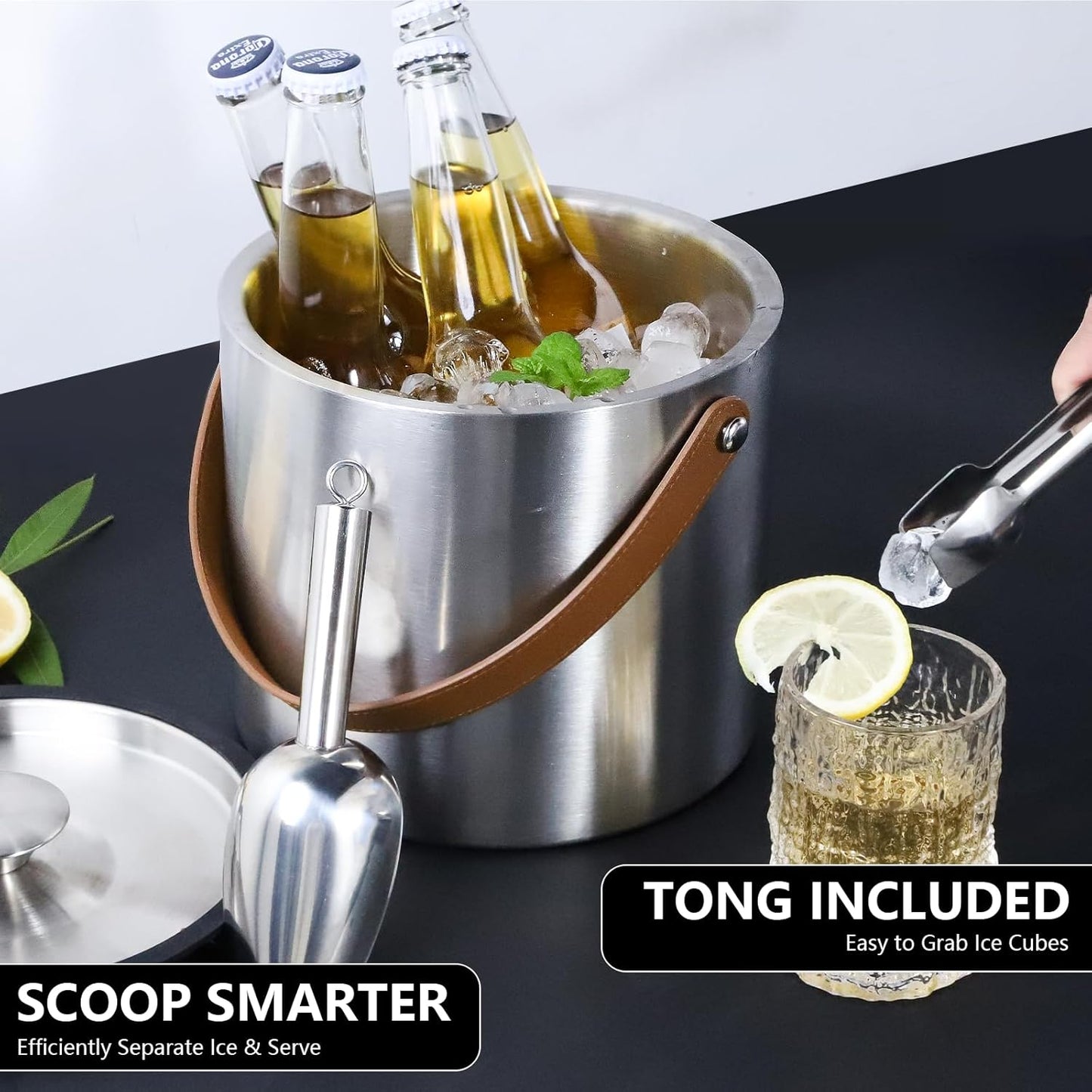 Bakpoco Double-Wall Vacuum Insulated Ice Bucket with Lid, Scoop, Ice Tong, Strainer & Leather Handle Keep Ice Frozen Longer Large Wine Ice Buckets for Cocktail Bar,Parties Chilling Beer Champagne 3L