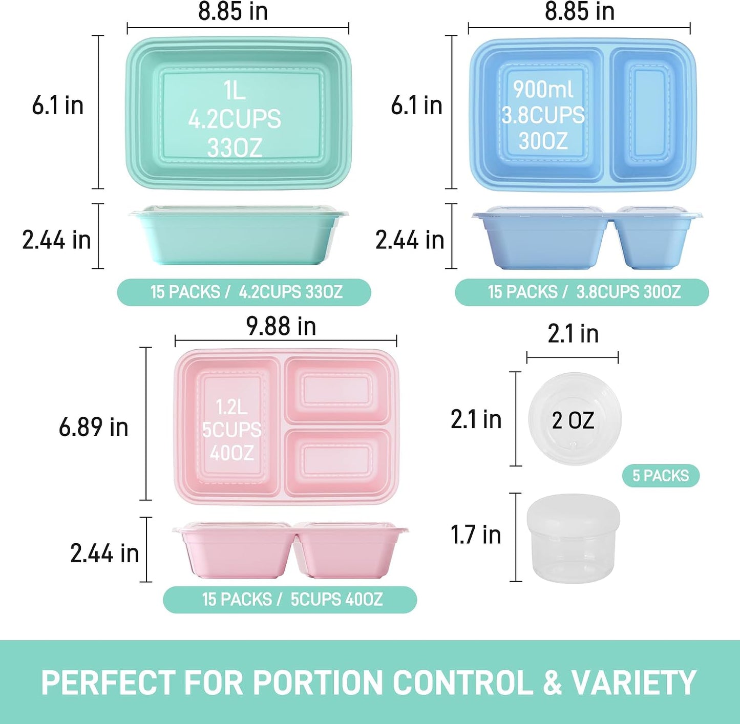 LISI 100-Piece Meal Prep Containers, 33oz Large Food Storage Containers with lids with 1, 2, 3-Compartment, Freezer Safe To-Go/Take-Out Boxes, Includes 5-Pack 2oz Dressing Cups for Take Out