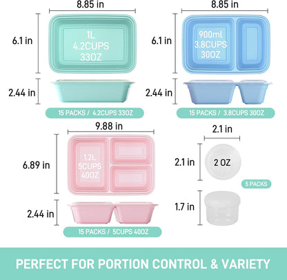 LISI 100-Piece Meal Prep Containers, 33oz Large Food Storage Containers with lids with 1, 2, 3-Compartment, Freezer Safe To-Go/Take-Out Boxes, Includes 5-Pack 2oz Dressing Cups for Take Out