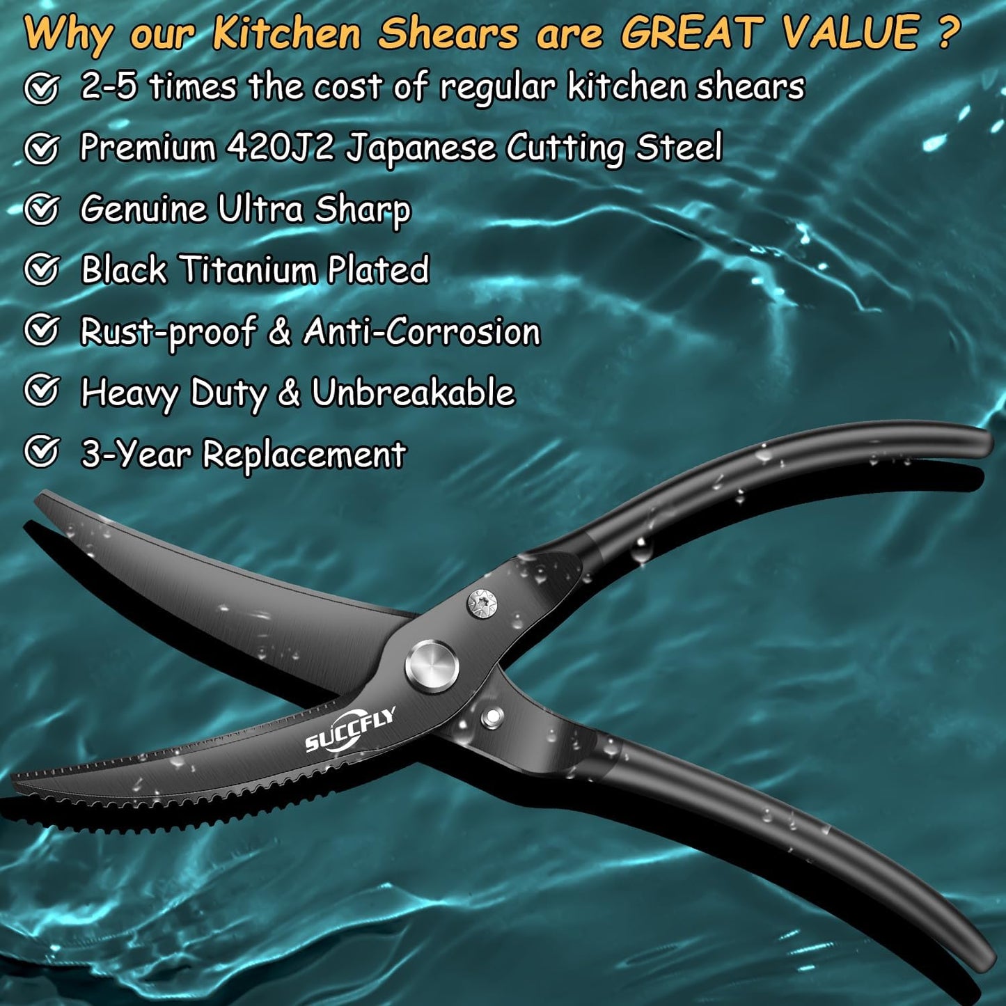 SUCCFLY Kitchen Shears Heavy Duty, Premium Kitchen Scissors Stainless Steel, 8.8" Poultry Shears Ultra Sharp for Bone Chicken Meat, Food Scissors Anti-Slip Handle, Black Titanium Plated, Spring Loaded
