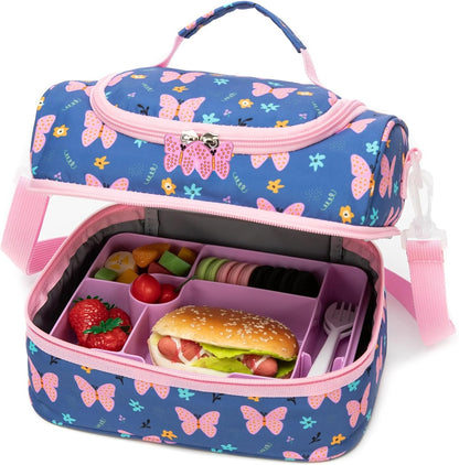 Insulated Kids Dual Compartment Lunch Bags Tote for Girls Boys Toddler School Picnic Food Cooler Thermal with Strap Lunch Boxes Blue Unicorn