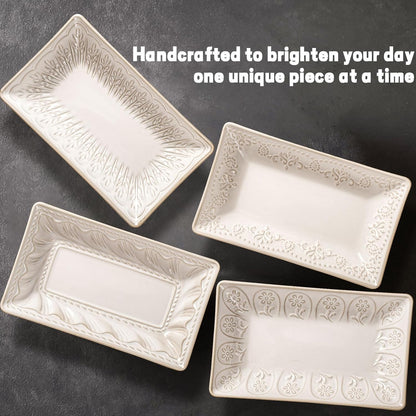 Artena 9.85" Ceramic Rectangle Plates Set of 4 - Deep Lipped Edges, Appetizer Salad Sushi Pasta Dessert Plates, Microwave/Oven Safe, Cute Kitchen Dinner Restaurant Serving Dishes (Wheat Leaf)