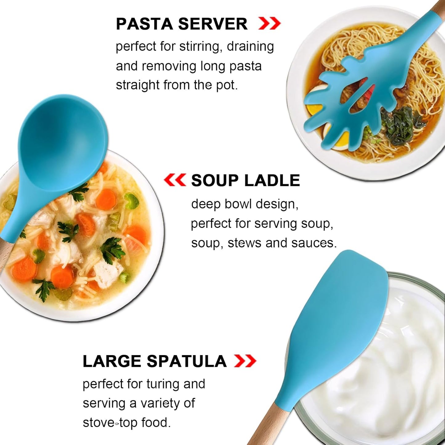 Kitchen Cooking Utensils Set, 6Pcs Silicone Kitchen Utensils Set Spatula Spoon Soup Ladle Turner, Heat Resistant Wooden Handle Silicone Cooking Gadgets for Nonstick Cookware & Baking BPA FREE