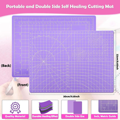 Rotary Cutter and Mat Set, Audab Self Healing Sewing Mats Shirt Cutter 45mm Fabric Cutter Wheel with 2 Blades Rotary Cutting Mat for Crafts Fabric Quilting Hobby (9" x 12" (A4)