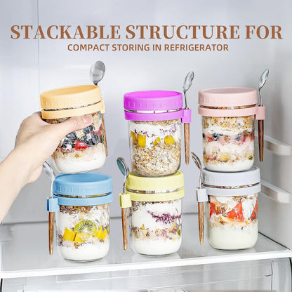 6 Pack Overnight Oats Containers with Lids and Spoons - 16 Oz Glass Mason Jars for Overnight Oats Airtight Jars Leak Proof Oatmeal Container Meal Prep Jar for Yogurt,Milk,Cereal,Fuirt,Salad