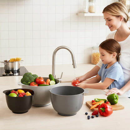 BoxedHome Nesting Plastic Mixing Bowl Set With Pour Spout, Microwave and Dishwasher Safe, BPA free Non-Slip Base, Set of 4 Size 1.7, 2.5, 3.5 and 4.5qt, Great for Prepping, Baking, Cooking (Dark Blue)