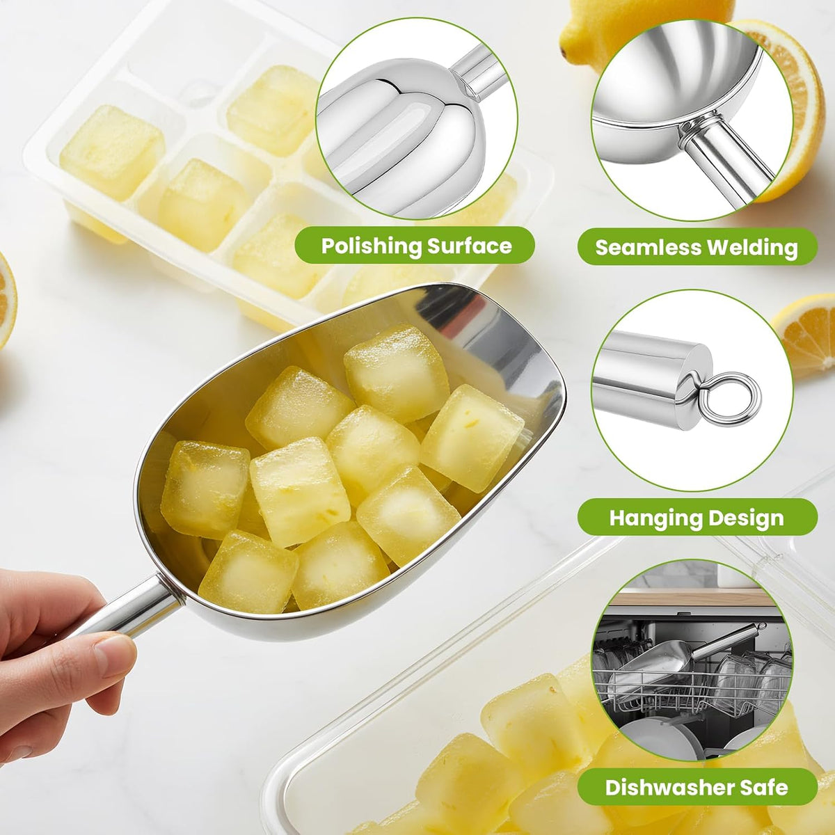 Wapodeai 6oz Stainless Steel Ice Scoop for Freezer with Magnetic Hook