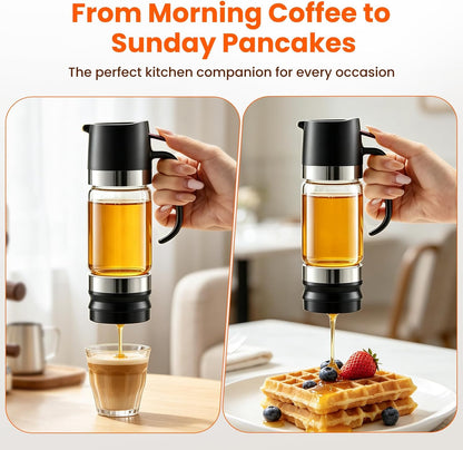 Glass Honey Dispenser Push-Button with Handle (Yellow), No Drip Glass Jar, Leak-Proof Bottom: One-Handed Press to Serve Honey or Syrup onto Coffee, Tea, Pancakes & Desserts (Yellow, 9, ounces)