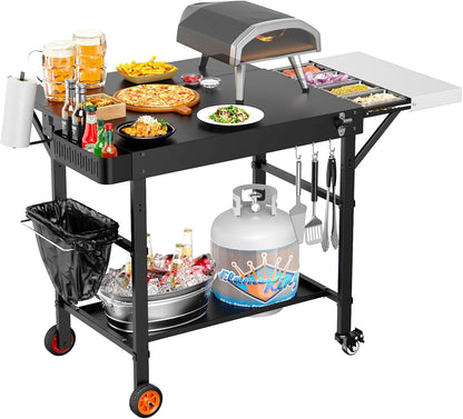 Pizza Oven Table, Grill Table for Ninja Pizza Oven, Pizza Oven Cart Fits Blackstone 17/22 Griddle, Koda 12/16, Cuisinart Gozney, Solo Stove,Outdoor Pizza Oven cart with Sliding Covered Storage Tray