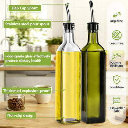 Leaflai 17oz Olive Oil Dispenser Bottle, 500ml Oil & Vinegar Cruet with 2 Stainless Steel Pourers, 2 Labels,1 Brush and 1 Funnel for Kitchen