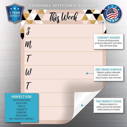 Dry Erase Weekly Calendar Planner Sticker Decal | Removable & Reusable | Magnetic Fine-Tip Marker Included (6 x 9 inches, White)