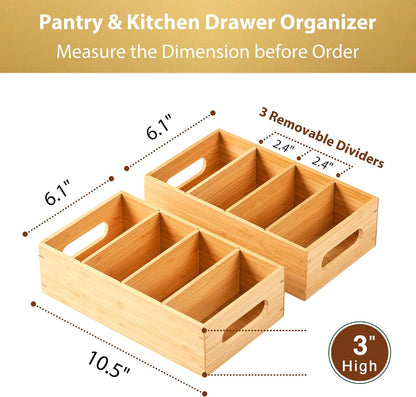 Umilife Bamboo Pantry Organizers and Storage Bins with Removable Dividers, Kitchen Drawer Cabinet Countertop Organization for Snack, Spice Packets, Teabags, Seasoning Pouches (2 Pack)