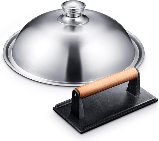 HOMENOTE Griddle Accessories for Blackstone, Commercial Grade 12 Inch Heavy Duty Melting Dome with Round Cast Iron Smash Burger Press Perfect for Flat Top Hibachi Grill Outdoor Indoor