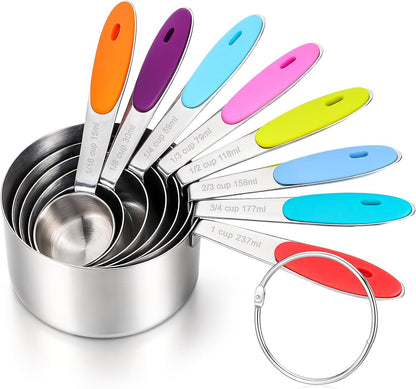 8 PCS Stainless Steel Measuring Cup Set, with Storage Ring, Non-Slip, Stackable, Kitchen Measuring Gadget tool for Cooking Baking, Measure Dry/Wet Ingredients and Liquid, Multicolor, Dishwasher Safe