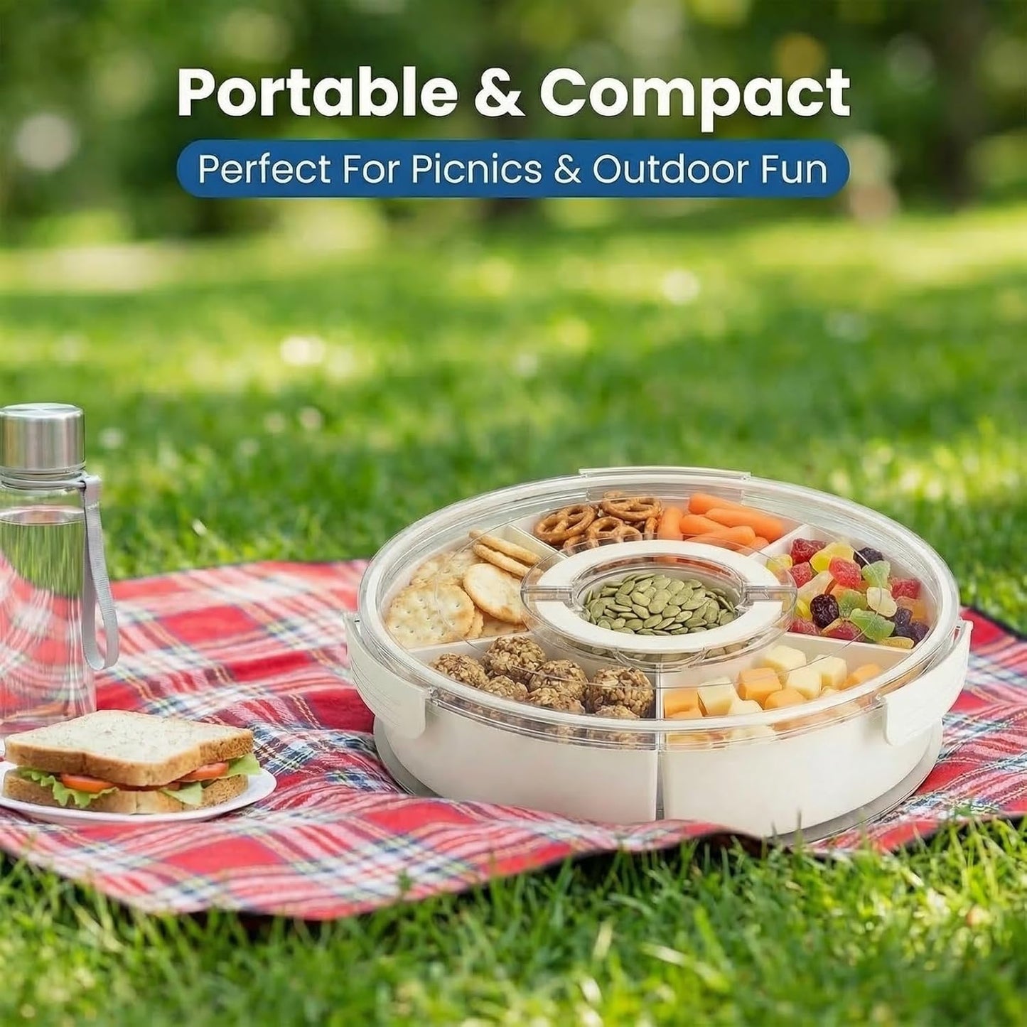 1-Pack Divided Serving Tray with Lid and Handle, 6-Compartment Snackle Box Container for Fruits Vegetables Snacks, Portable Spinning Round Veggie Tray for Kitchen Party Travel Picnic