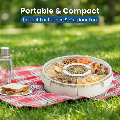 1-Pack Divided Serving Tray with Lid and Handle, 6-Compartment Snackle Box Container for Fruits Vegetables Snacks, Portable Spinning Round Veggie Tray for Kitchen Party Travel Picnic