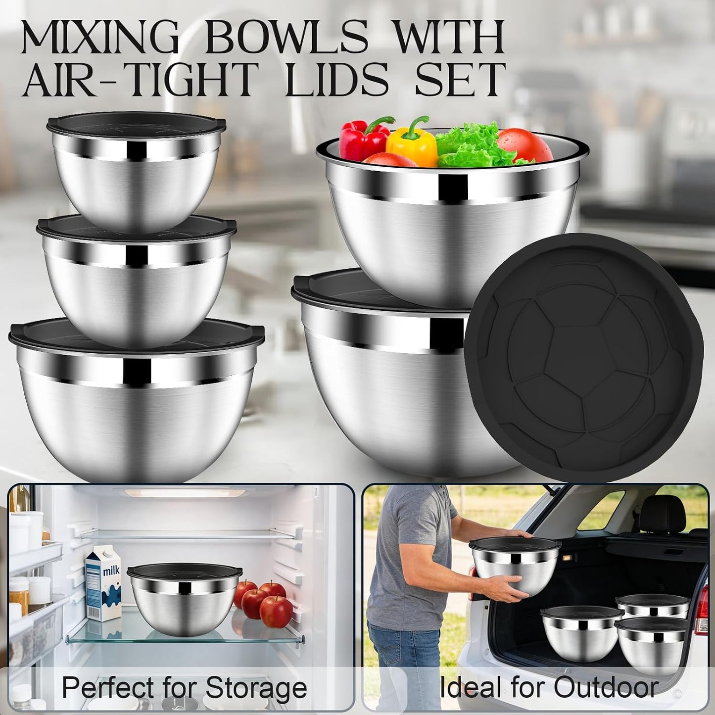 DUTZUN Mixing Bowls with Lids Set - 16pcs Stainless Steel Mixing Bowl Set with Colander, 3 Grater Attachments, Non-Slip Bottom, Metal Nesting Bowls with Strainer for Mixing & Serving - Black
