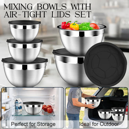 DUTZUN Mixing Bowls with Lids Set - 16pcs Stainless Steel Mixing Bowl Set with Colander, 3 Grater Attachments, Non-Slip Bottom, Metal Nesting Bowls with Strainer for Mixing & Serving - Black