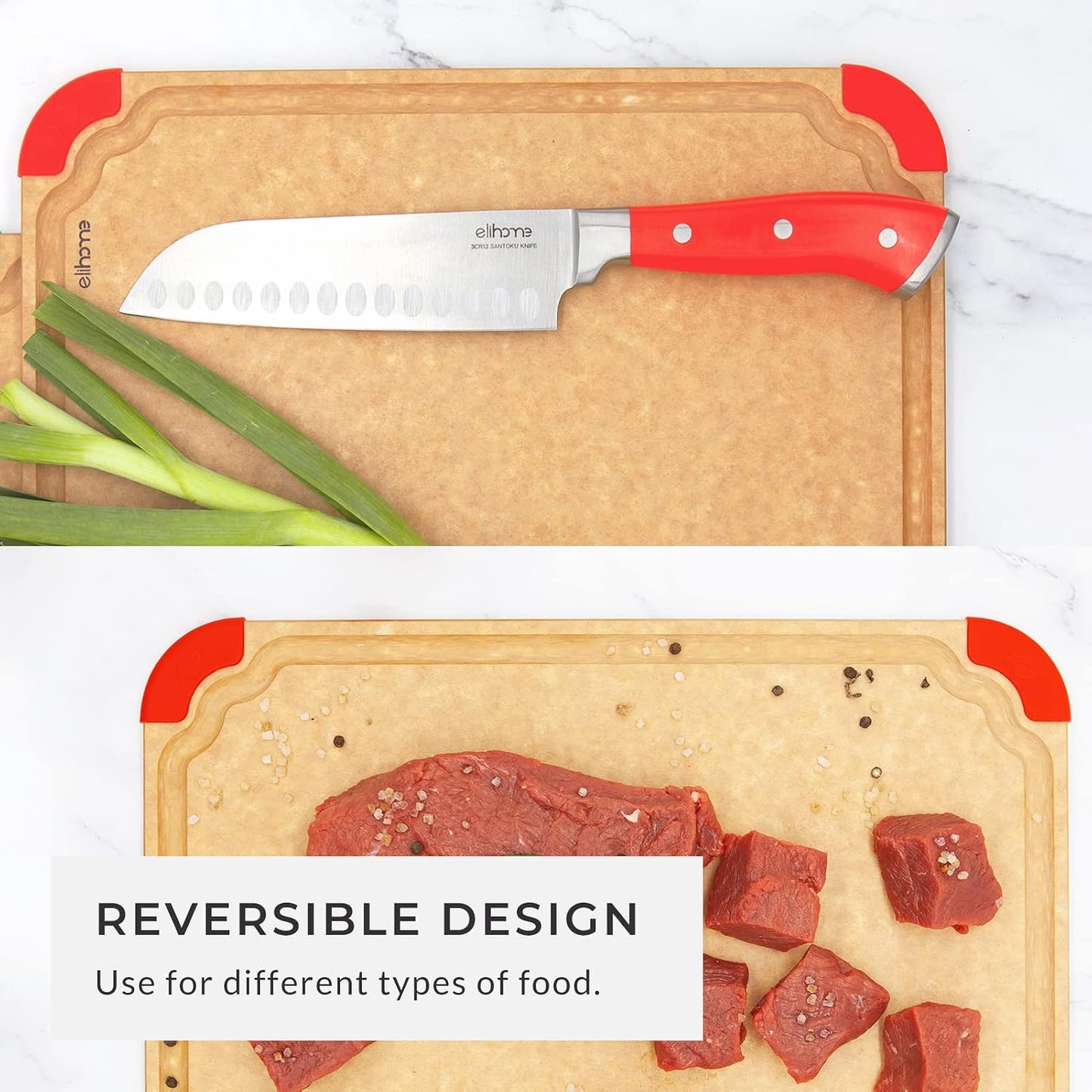 Elihome Premium Series 2-in-1 Kitchen Cutting Board Set, Non Slip Feet, Color Coded with Food Icon, Natural Wood Fiber, Dishwasher Safe, Eco-Friendly, Juice Grooves,Non Porous, BPA Free, Made in USA