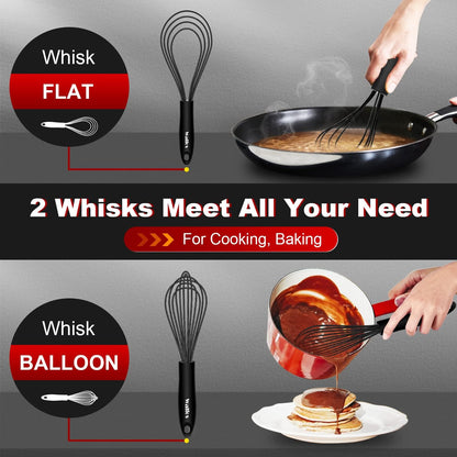 Walfos Silicone Whisk,Stainless Steel Wire Whisk -Heat Resistant 480°F Kitchen Whisks for Non-stick Cookware,Balloon Egg Beater Perfect for Blending,Whisking,Beating,Frothing & Stirring,Black