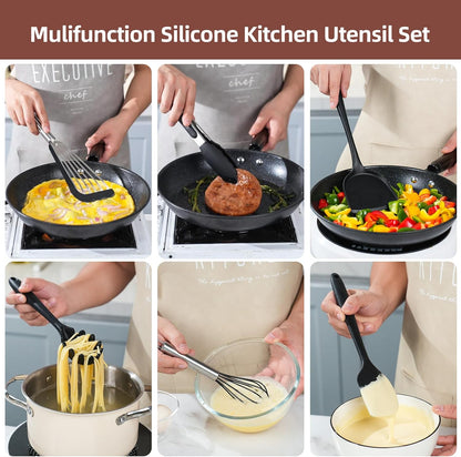 Silicone Black Cooking Utensil Set, 9 Pieces kitchen Utensil Set, Nonstick Tools Spatula Set, Heat Resistant Spatula Ladle Spoon Pasta Server for Cooking (Dishwasher safe)