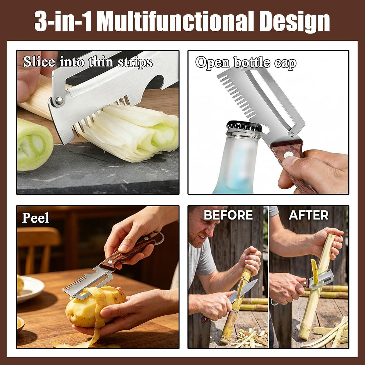 Multifunctional Vegetable Peeler, Vegetable Peeler with Wooden Handle and Bottle Opener, 2PCS 3-in-1 Peeler & Bottle Opener for Fruit Potato Carrot Kitchen Gadget
