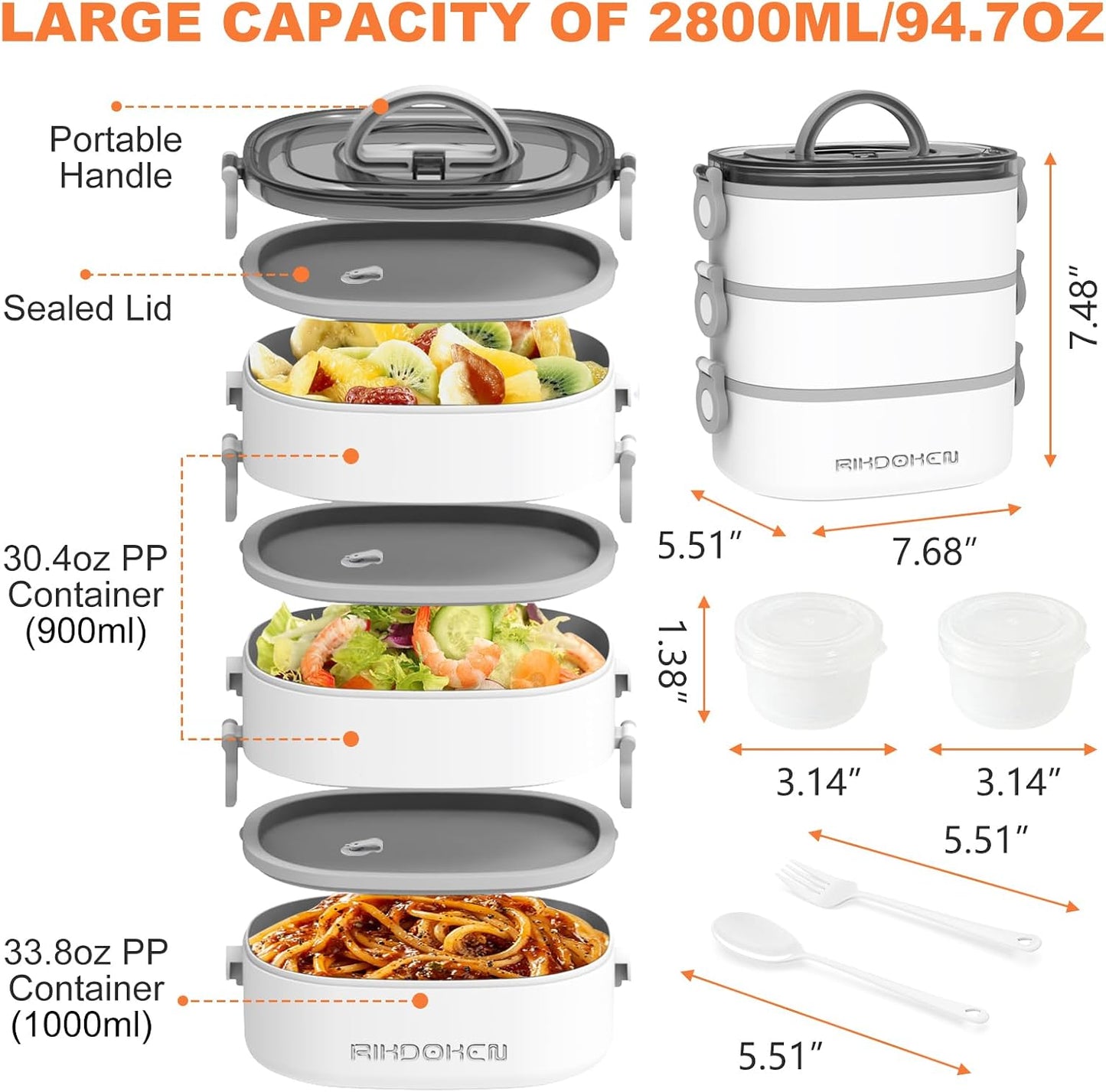 RIKDOKEN Lunch Box, Stackable 3 Layers Containers, Portable 94OZ Large Capacity Leakproof Bento Box with Spoon & Fork & Sauce Boxes, Microwave Safe Lunch Box for Kids and Adults