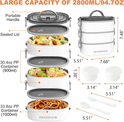 RIKDOKEN Lunch Box, Stackable 3 Layers Containers, Portable 94OZ Large Capacity Leakproof Bento Box with Spoon & Fork & Sauce Boxes, Microwave Safe Lunch Box for Kids and Adults