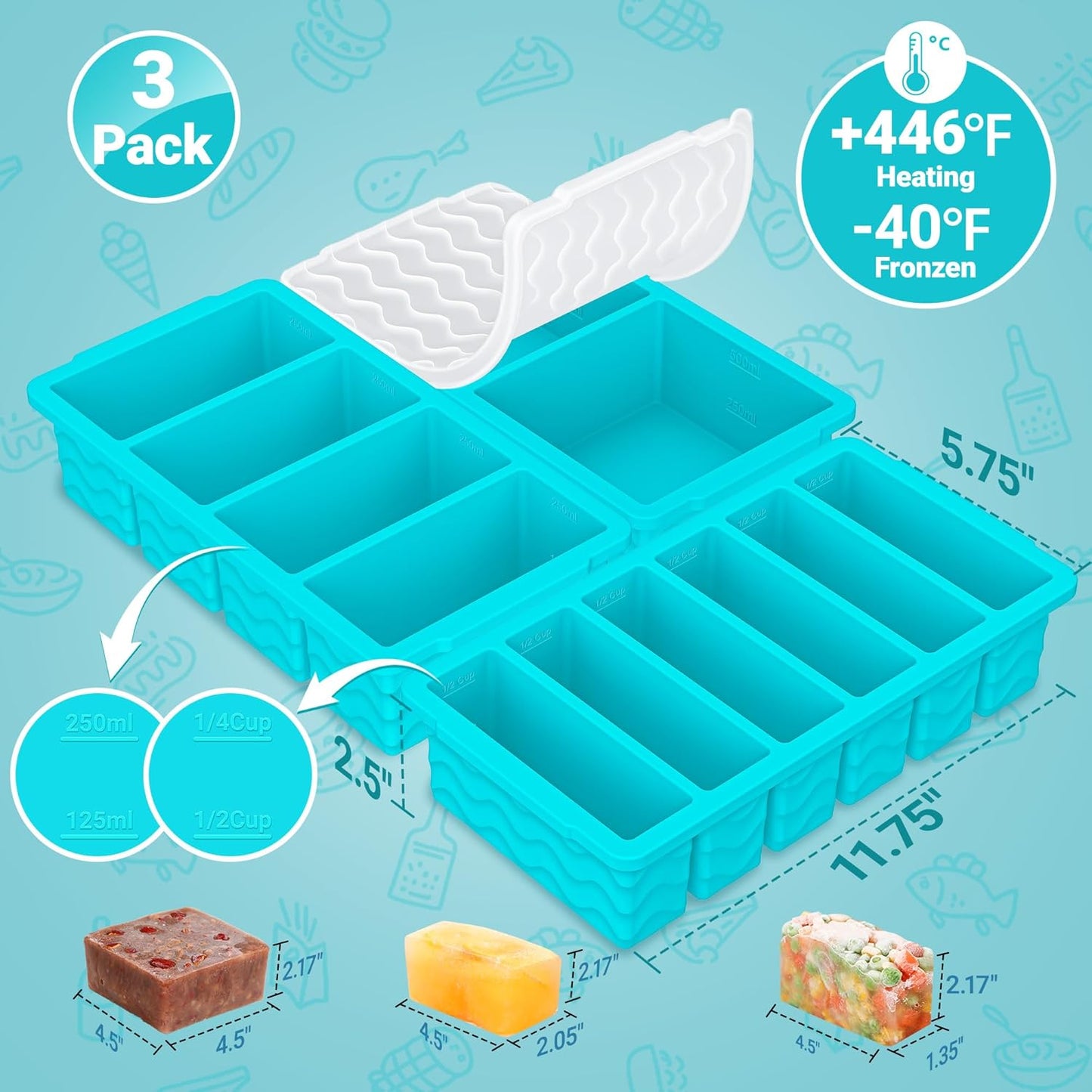 3-Pack Silicone Freezer Trays with Lid,2 Large 2-Cup(500ml)&4 Medium 1-Cup(250ml)&6 Small 1/2-Cup(125ml) Soup Freezer Container Molds,Ice Cube Tray For Meal Prep&Freezing Soup,Stews,Sauces