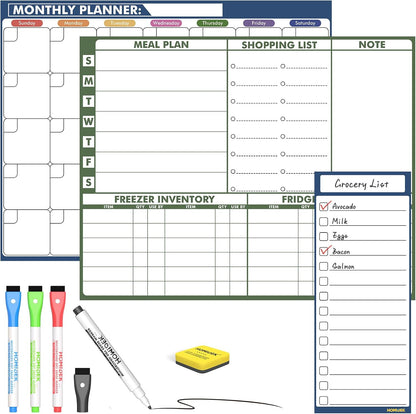 Magnetic Meal Planner Menu Board: Reusable Dry Erase Family Planning Board with Grocery List & Fridge Freezer Inventory List for Refrigerator, Dry Erase Markers and Eraser Included - 14x11 Inches