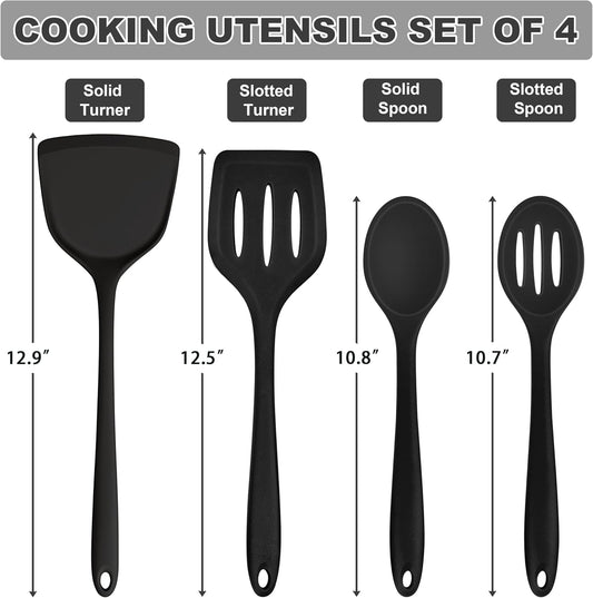 TeamFar Silicone Cooking Utensils, 4pcs Kitchen Utensils Set with Silicone Spatulas & Spoons, Heat-Resistant Solid & Slotted Cooking Spoons Turners for Non-stick Cookware, Dishwasher Safe, Black