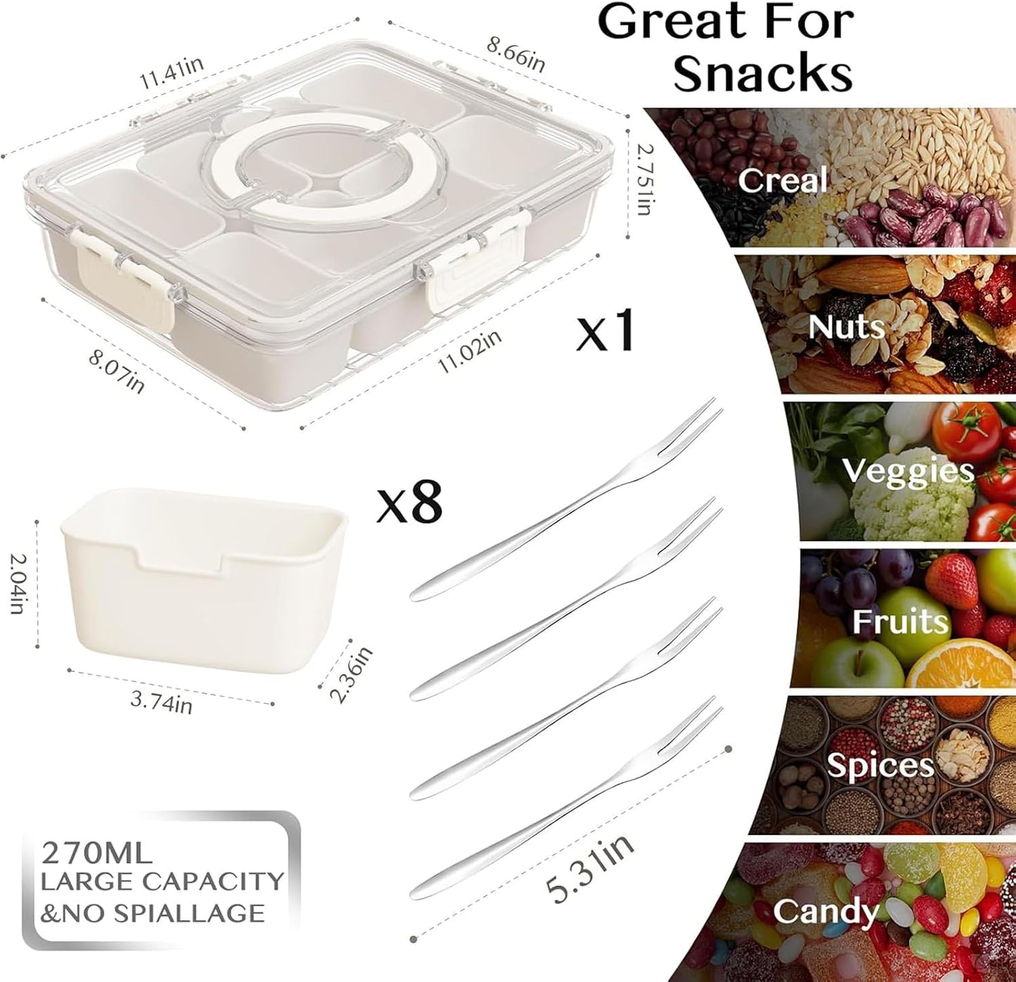 Dunruz Snackle Box Container,Portable Snack Box 8 Compartment Divided Serving Tray with Lid,Clear Storage Organizer for Fruit Candy Nuts Veggie-Perfect for Road Travel Party (1 Pack-Micro-transparent)