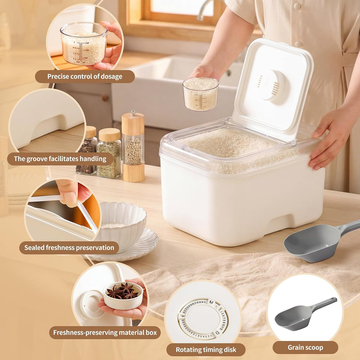 Large Rice Flour Storage Container 20-25 lbs，Measuring Cup and Spoon，Rice Flour Dispenser with Flip-up Lid，Carrying Handles，Airtight Food Storage Container for Cereal, Sugar, Beans, Pet Dog Cat Food