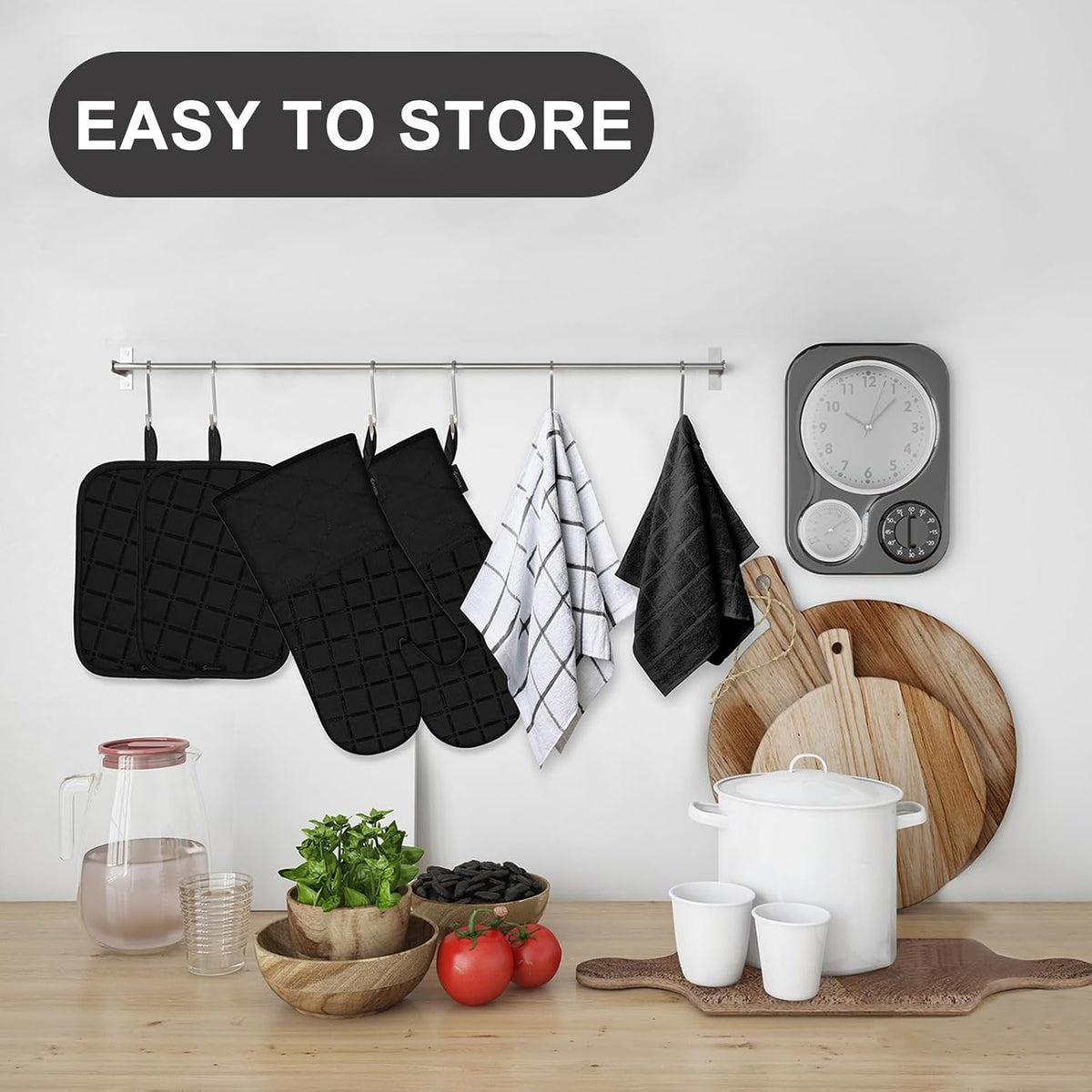 Oven Mitts Kitchen Towels and Dishcloths Pot Holders Sets, Oven Gloves Kitchen Dish Towels 500 Degree Heat Resistant Potholders with Non-Slip Silicone Surface for Cooking, Grilling, Baking-Gray