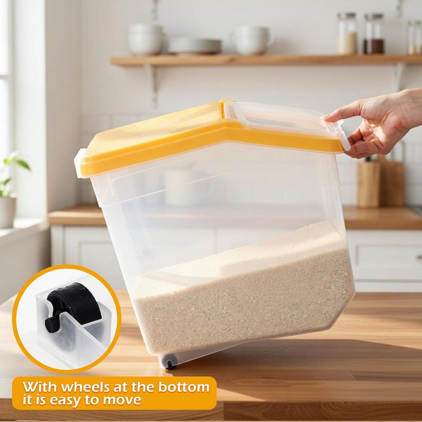 Sunnyray 4 Pcs Rice Storage Container 22 lb Airtight Flour Container with Wheels Measuring Cup Clear Pet Food Cube Dog Cat Birds Food Bin Grain Cereal Organizer Box for Dry Baking Supplies(White Lid)