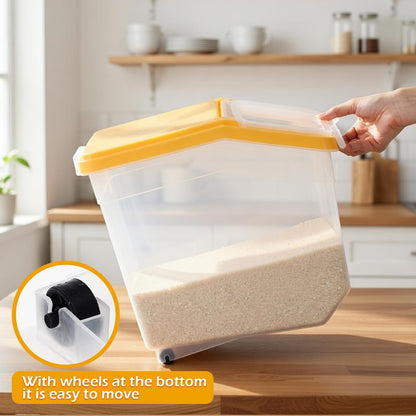 Sunnyray 4 Pcs Rice Storage Container 22 lb Airtight Flour Container with Wheels Measuring Cup Clear Pet Food Cube Dog Cat Birds Food Bin Grain Cereal Organizer Box for Dry Baking Supplies(White Lid)